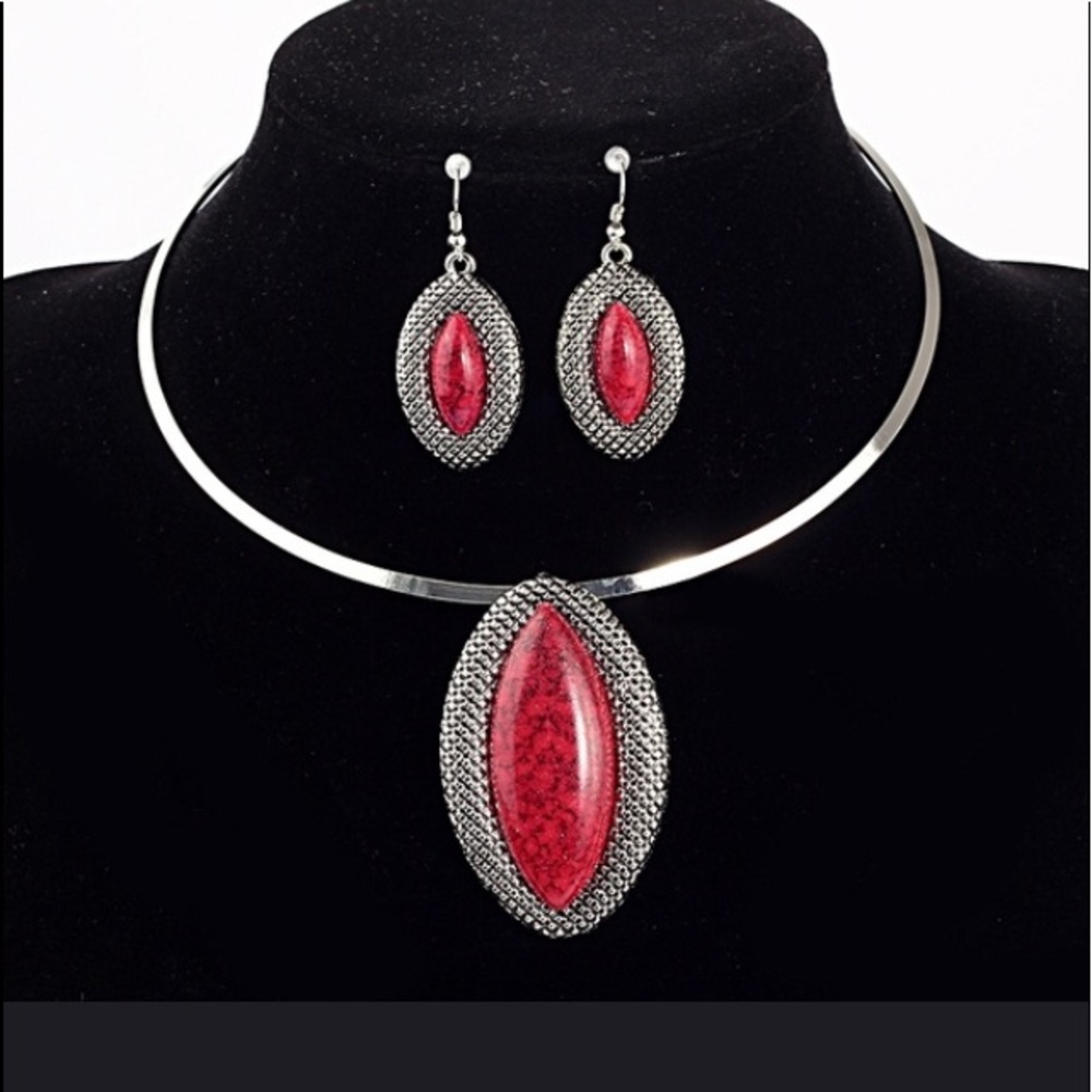 Red & silver Jewelry set choker & earrings